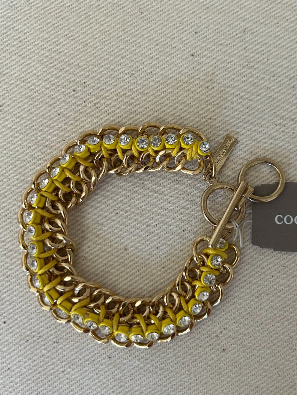 Cookie Lee Yellow Woven Gold Chain Crystal Toggle Bracelet - NWT